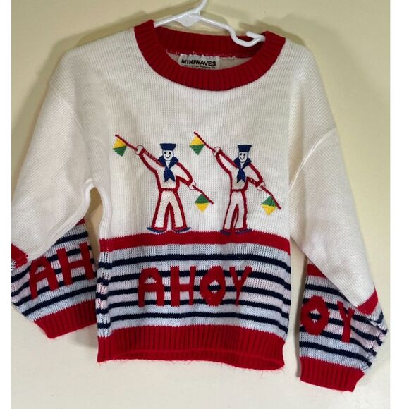 Other - Vintage Children's Sweater - Red, White and Blue Ahoy Sailor by Miniwaves (1970)